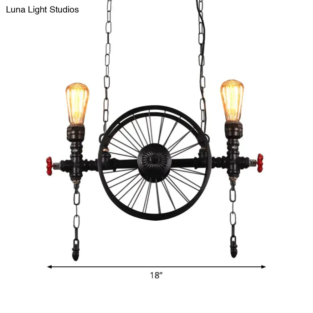 DecorBites industrial iron black hanging light fixture with bicycle wheel design and red valve handles for living room