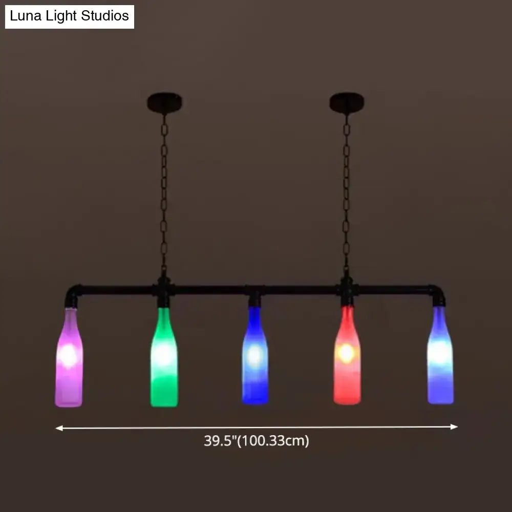 Decorbites industrial iron pipe pendant light with five multi-color e26 e27 repurposed glass bottles suspended by black metal chains