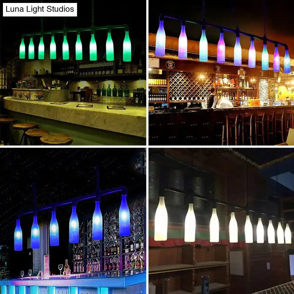 Decorbites industrial iron pipe pendant light featuring glass wine bottles with colorful led e26 e27 bulbs