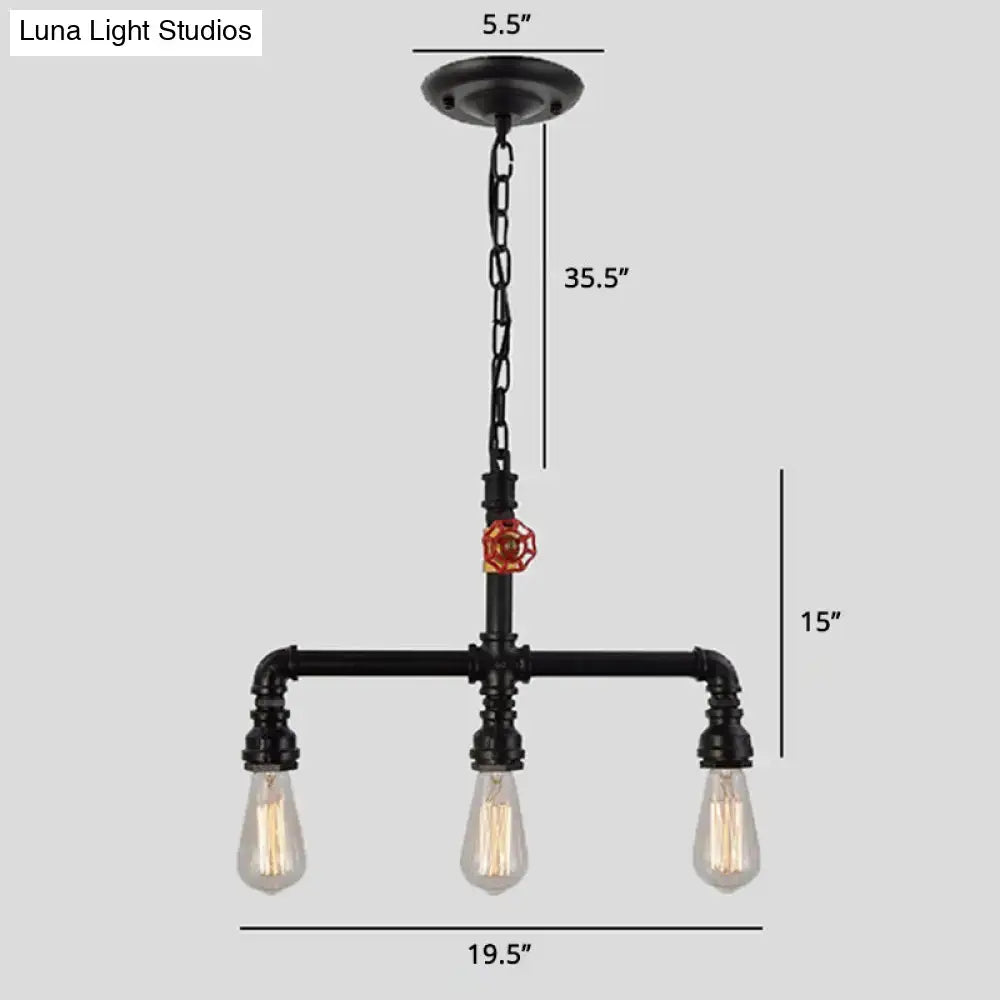 DecorBites industrial metal 3-head ceiling light with black pipes, exposed bulbs, and red valve decor accent