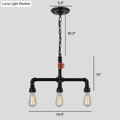 DecorBites industrial metal 3-head ceiling light with black pipes, exposed bulbs, and red valve decor accent