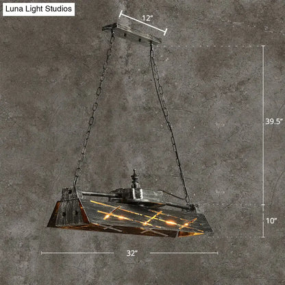DecorBites™ industrial metal 4-light suspension lamp with dark weathered frame and amber glass panels for dining room island