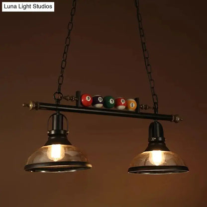 DecorBites™ industrial metal billiards island light with black frame, bowl shade, chain cord length, and colorful balls