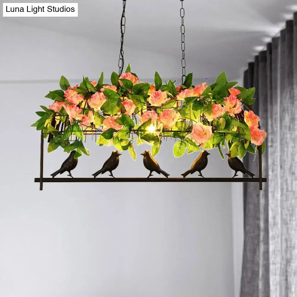 DecorBites industrial metal birdcage hanging ceiling light with black metal frame pink roses and bronze bird figurines