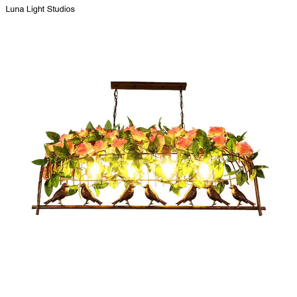 Decorbites industrial metal birdcage hanging ceiling light in bronze with pink roses and bird figurines for restaurants
