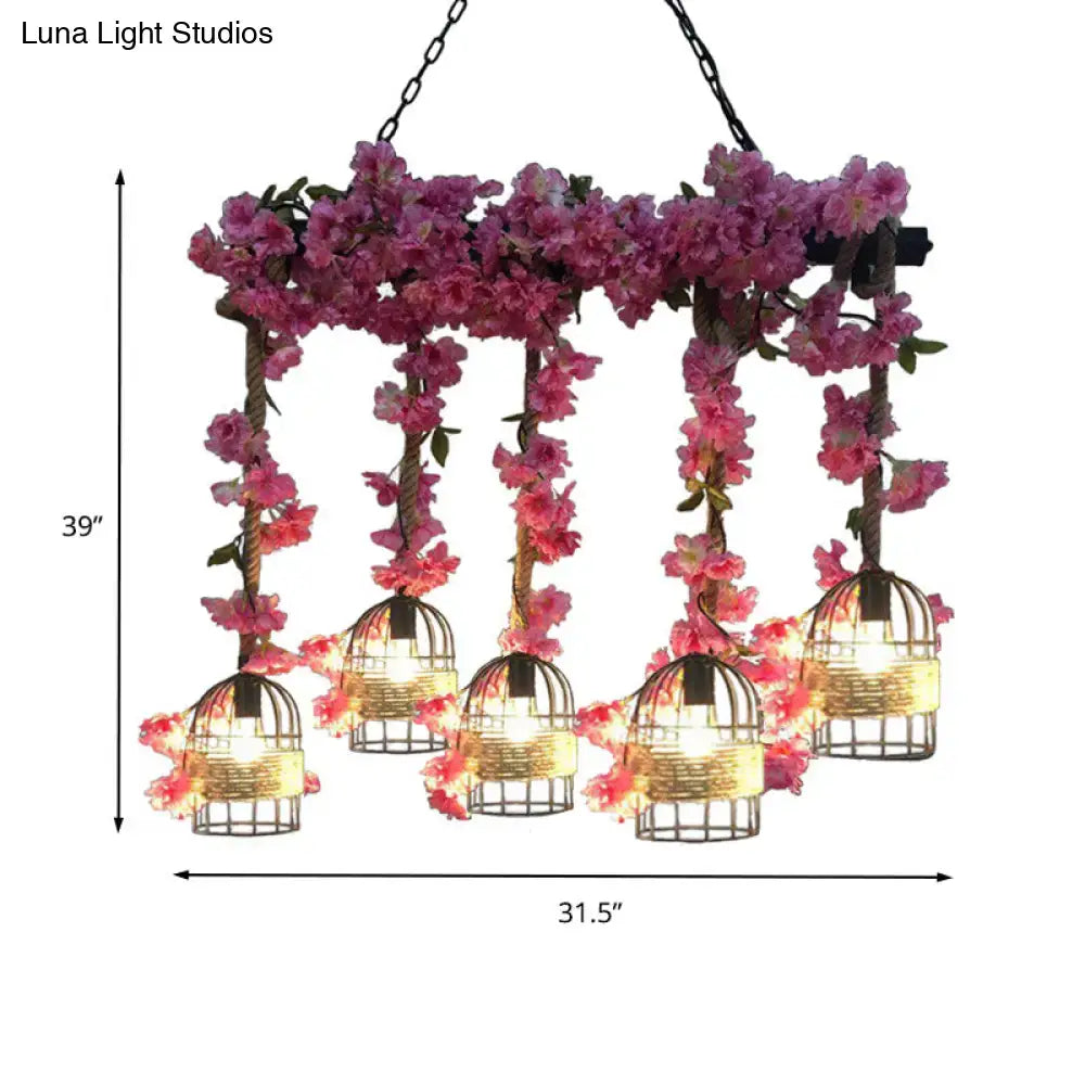 DecorBites™ industrial metal black ceiling lamp with five birdcage lights, pink flowers, and adjustable fixture height