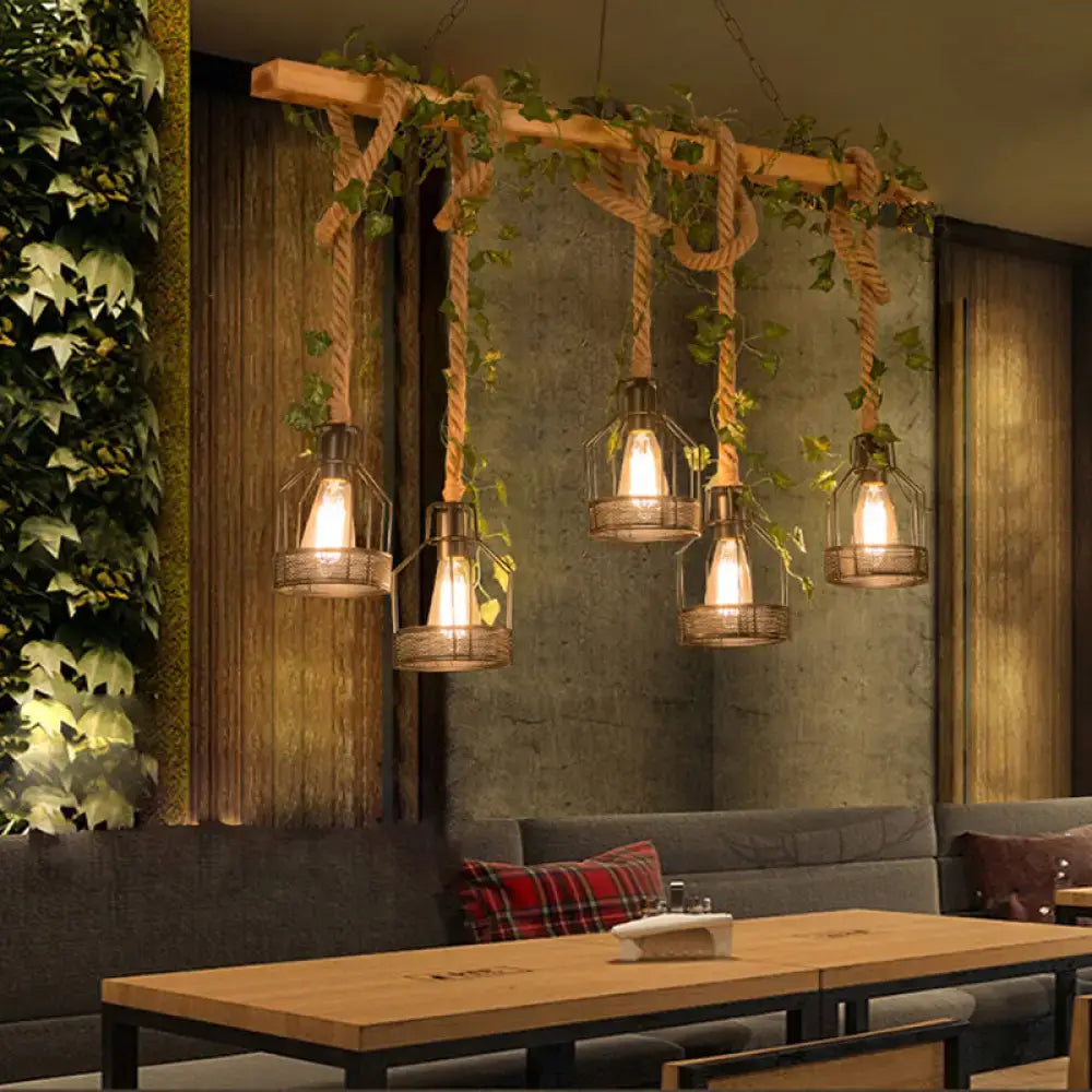 Decorbites industrial metal caged island pendant light with rustic wooden beam and rope hanging lamp in brown