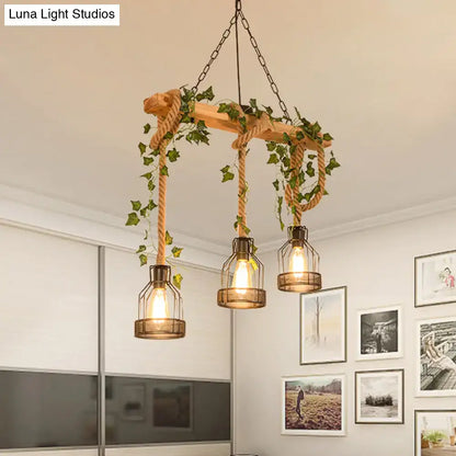 Decorbites™ industrial metal caged island pendant light in brown with rustic wooden chandelier and rope accents