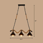 DecorBites industrial metal cone island pendant light with three matte black finish shades and twisted rope detailing