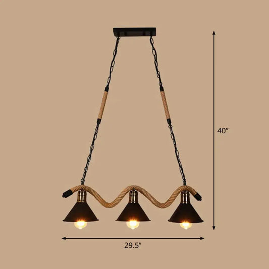 DecorBites industrial metal cone island pendant light with three matte black finish shades and twisted rope detailing
