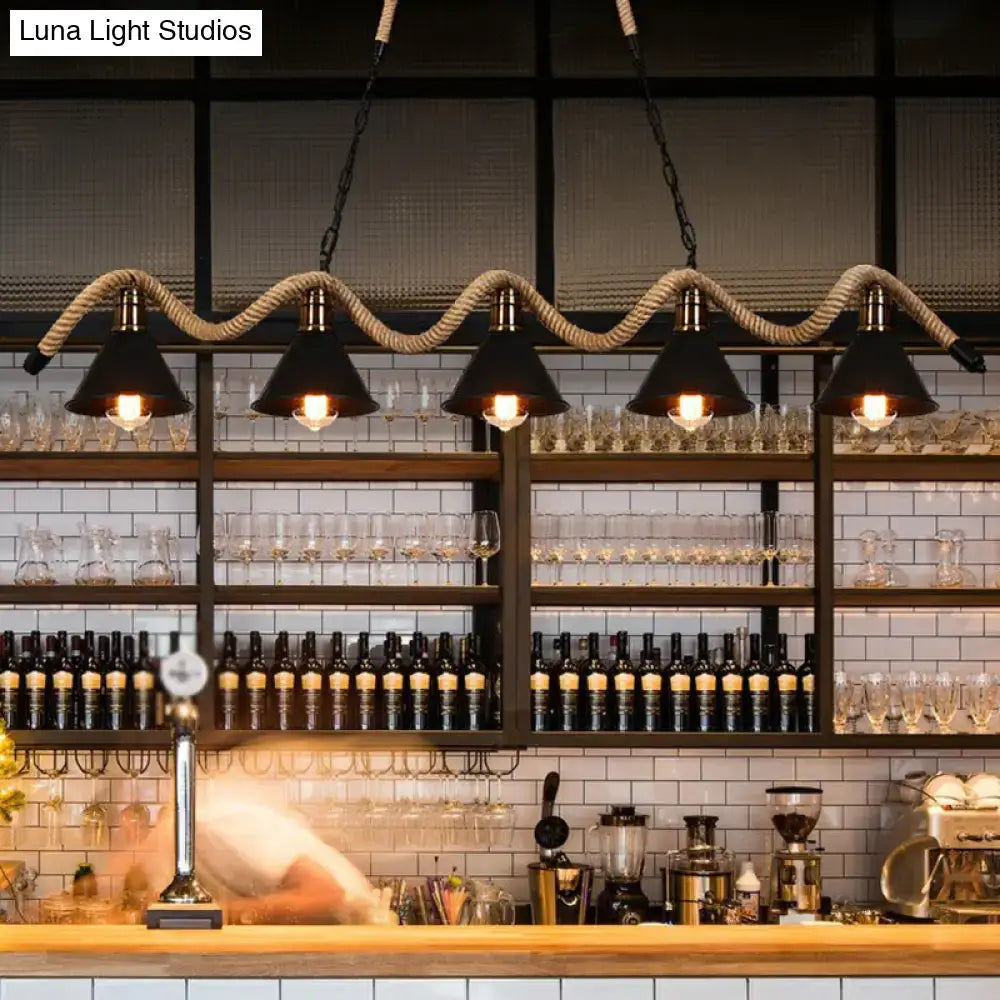 Decorbites™ industrial metal cone pendant light with matte black finish and twisted beige rope suspension