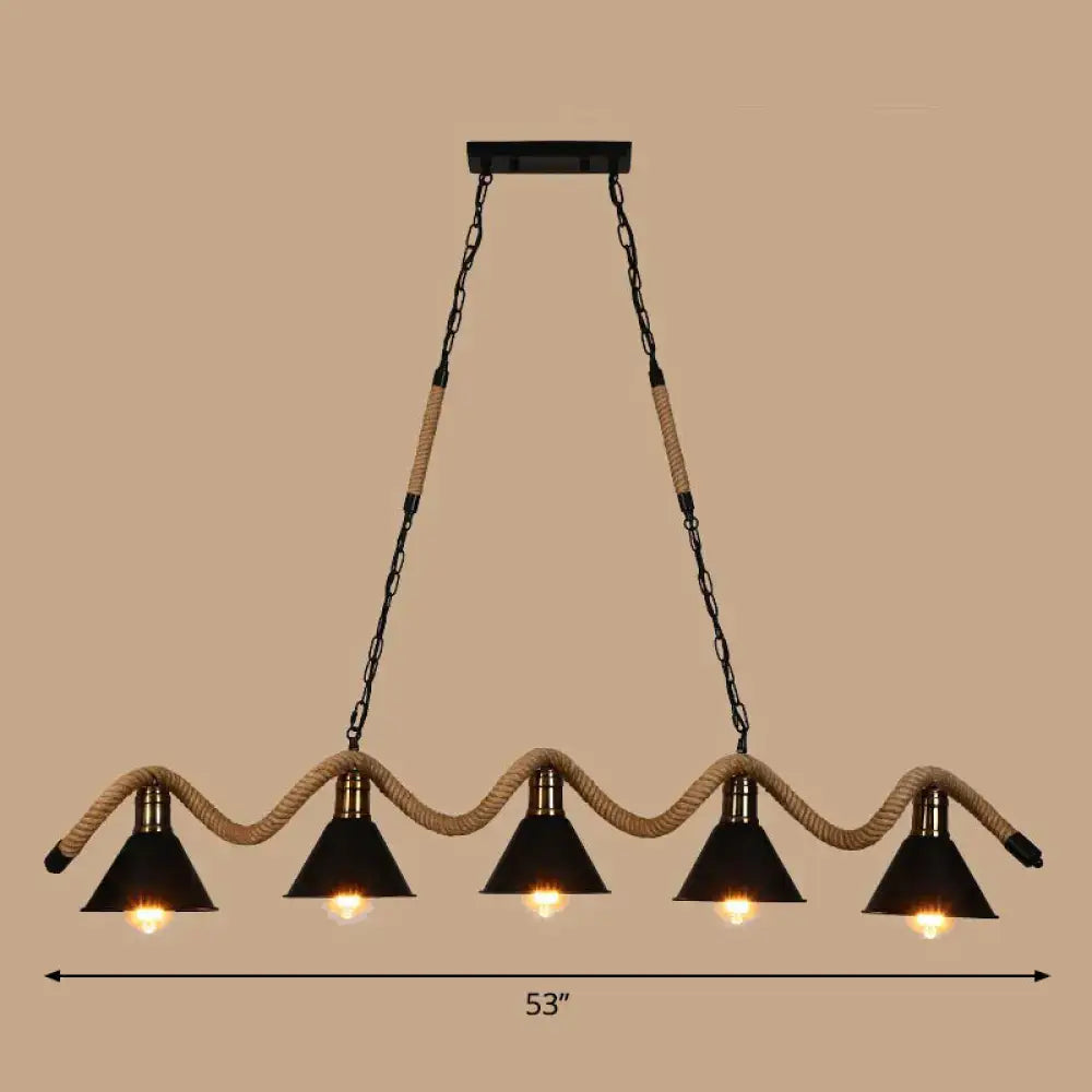 Decorbites industrial metal cone pendant light with five conical shades and twisted rope in matte black finish