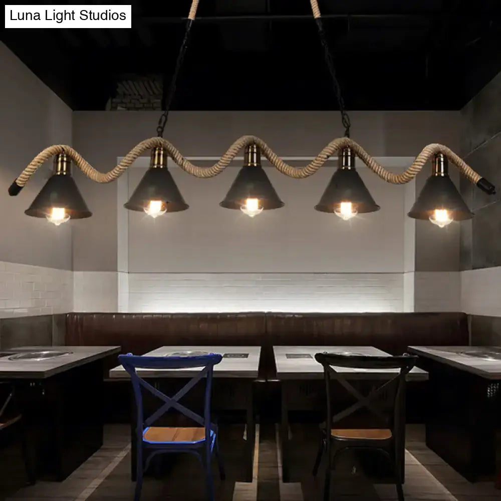 Decorbites industrial metal cone island pendant light with matte black finish and twisted natural-fiber rope detailing