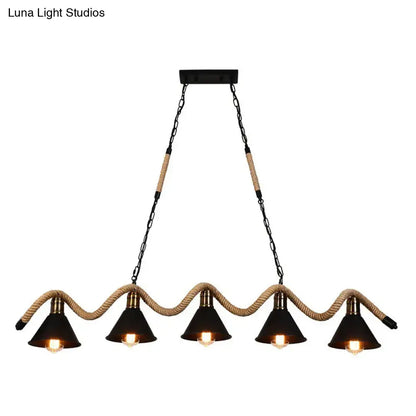 DecorBites™ industrial metal cone island pendant light with five matte black finish shades suspended by twisted rope and chain