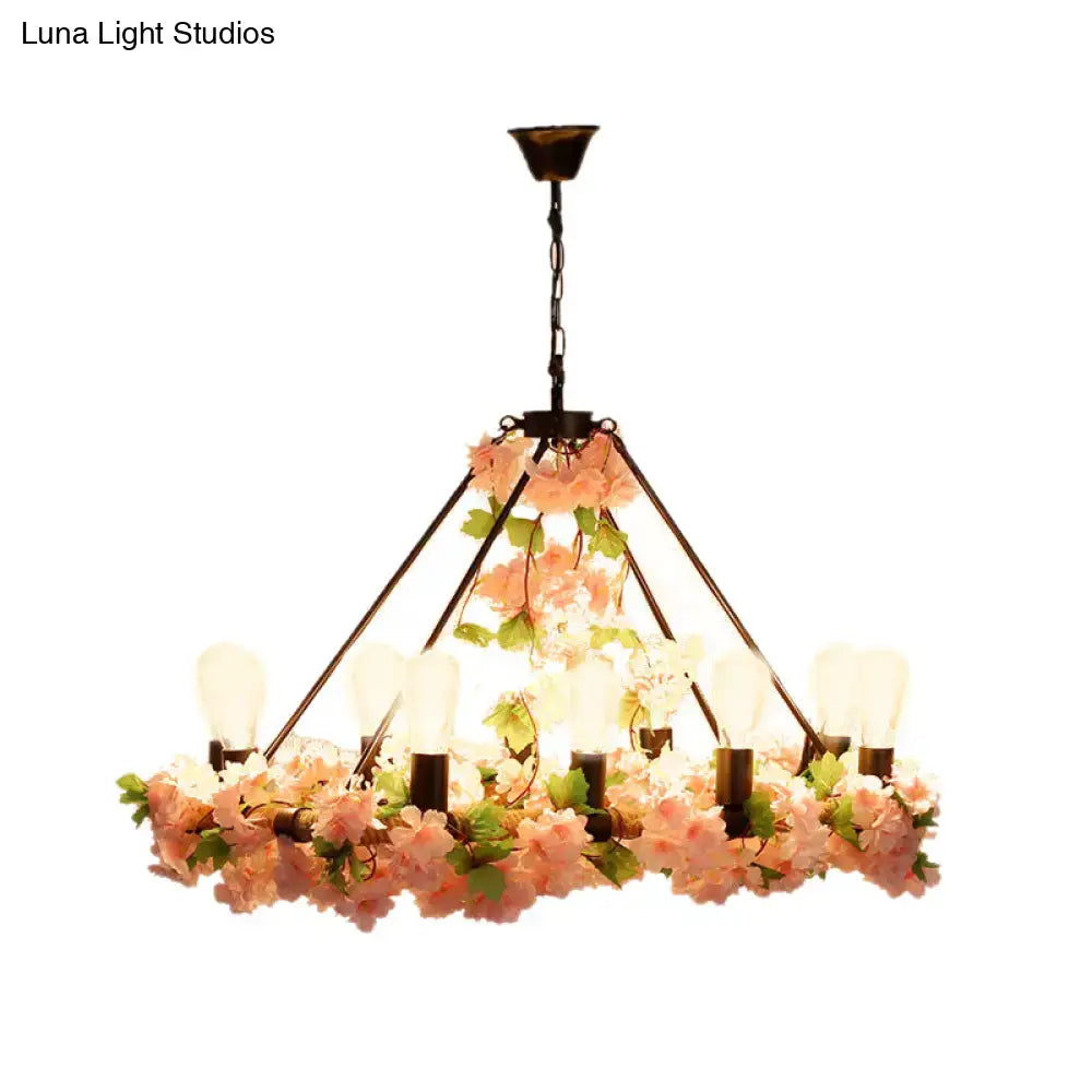 Decorbites™ industrial metal led pendant light with 10 bulbs featuring dark frame and pink green floral accents for restaurants