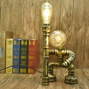 Decorbites™ industrial metal water pipe nightstand lamp with brass pipes and two exposed led incandescent bulbs for dorm room decoration