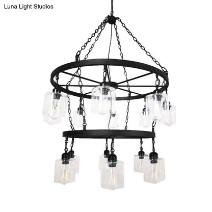 DecorBites industrial pendant chandelier with black wrought iron frame clear glass shades and exposed filament bulbs