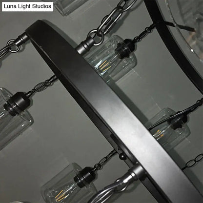 DecorBites™ industrial pendant chandelier with matte black frame, clear glass shades, and exposed filament bulbs