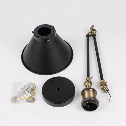Decorbites™ industrial plug in wall sconce with black matte conical lampshade and brass adjustable arm for commercial space