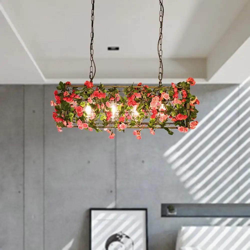 DecorBites industrial rectangular brass pendant light with metal construction and pink rose accents for bedroom use