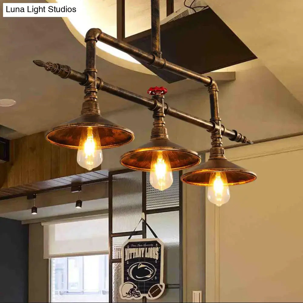 Decorbites industrial rust iron hanging ceiling lamp with brass pipe design and three e26 e27 light conical shades