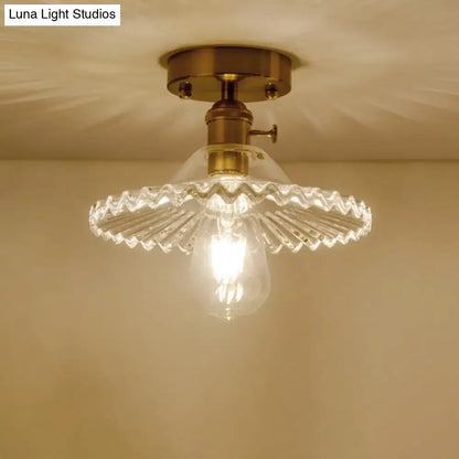 DecorBites™ industrial scalloped ribbed glass one-light ceiling light with clear brass semi flush mount design