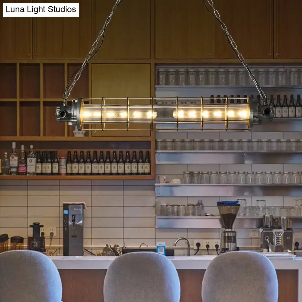 DecorBites industrial silver metal pendant light with cylindrical wire cage clear glass shade and smd e26 e27 bulbs