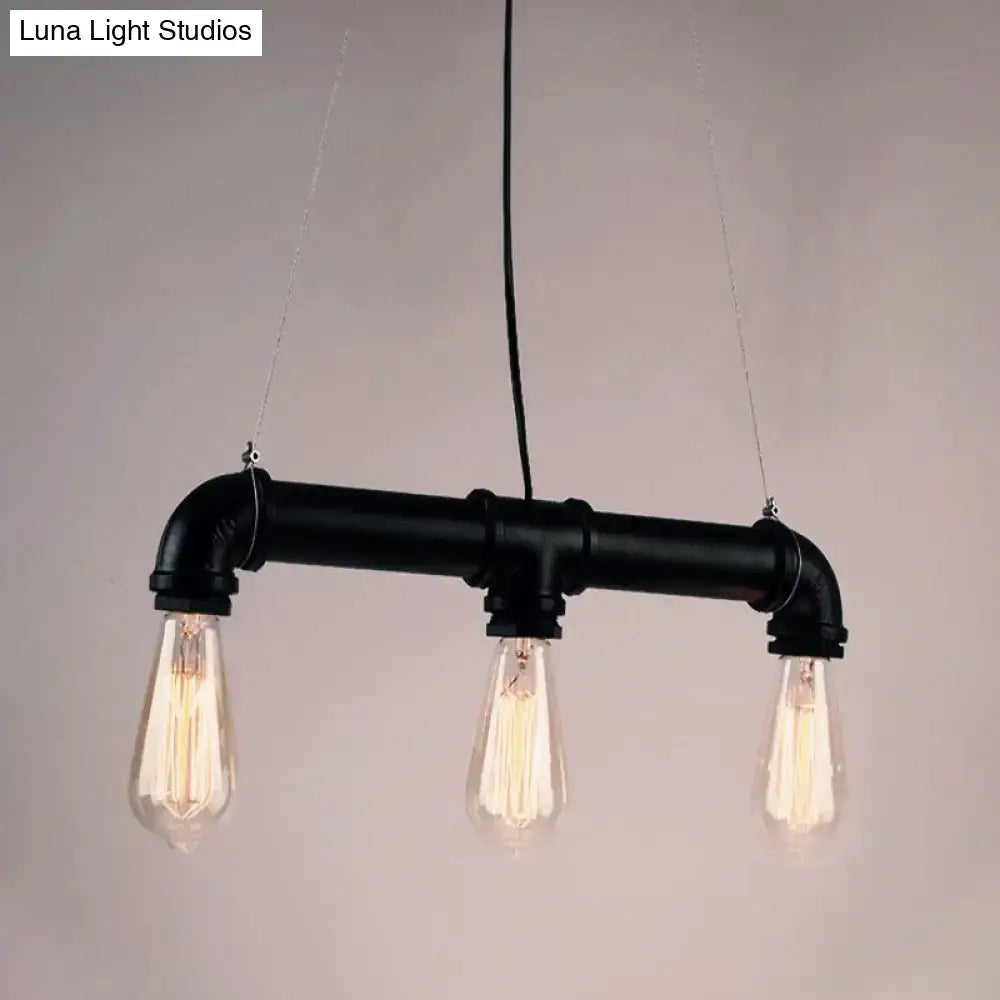 Decorbites industrial style black iron pendant lamp with linear piping featuring three exposed filament bulbs
