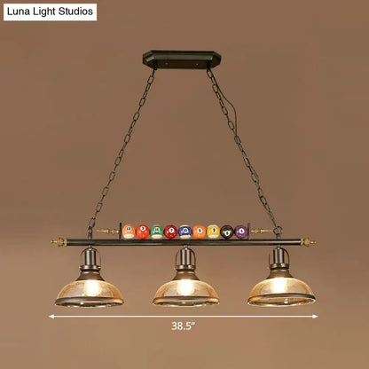 DecorBites™ industrial style billiard light pendant with dark metal frame brass accents and chain cord length for restaurants