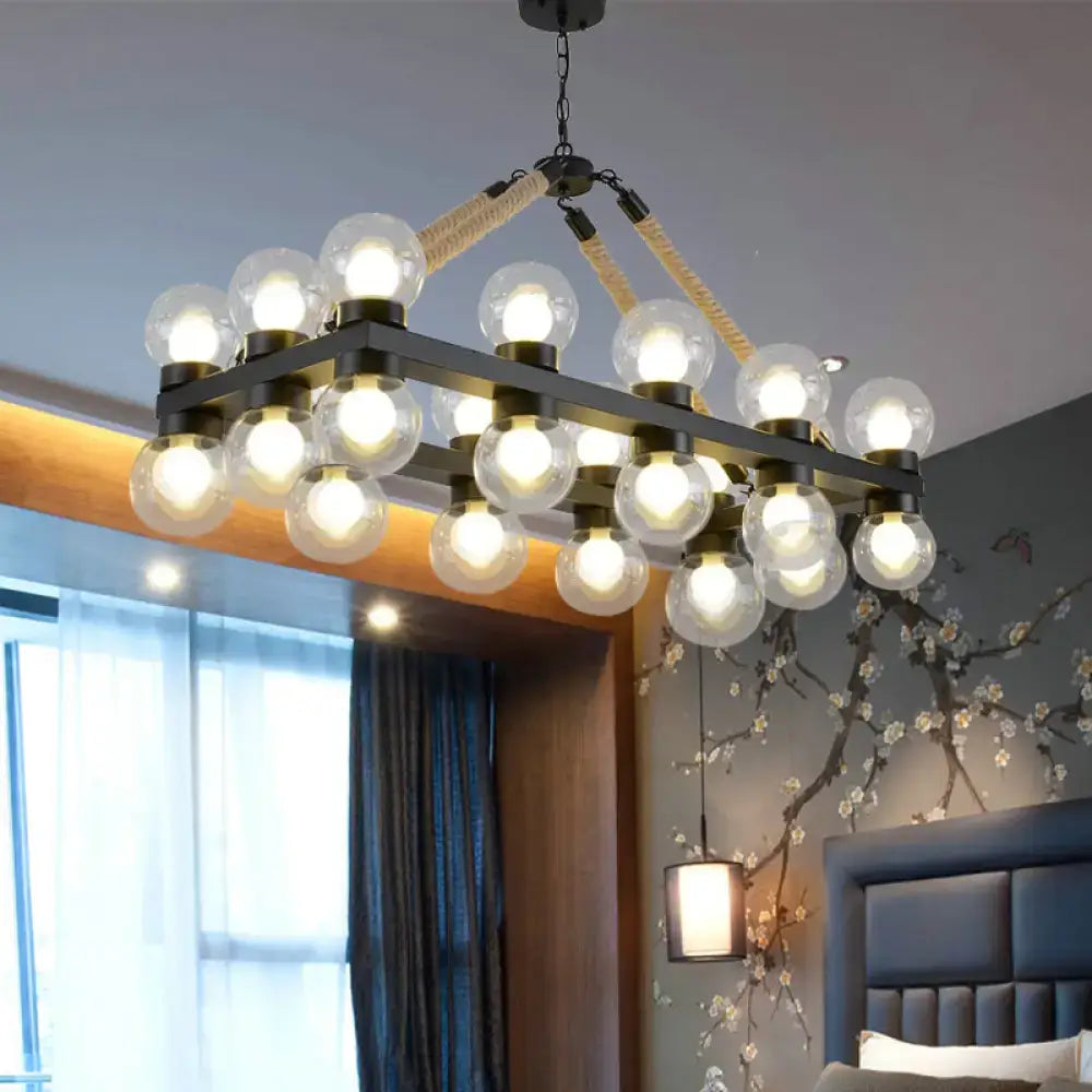DecorBites industrial-style black molecular chandelier with 24 clear glass globe LED incandescent bulbs for dining room fixture width