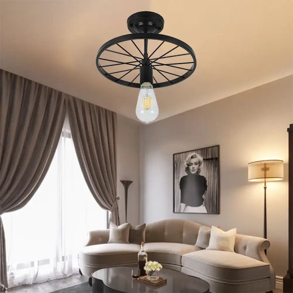 Decorbites™ industrial style black finish wrought iron bicycle wheel semi-flush mount ceiling light with exposed filament bulb