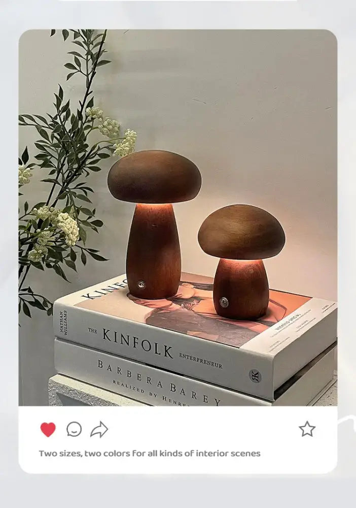 DecorBites™ wooden mushroom night light table lamps with warm glowing light and stepless dimming for bedside use