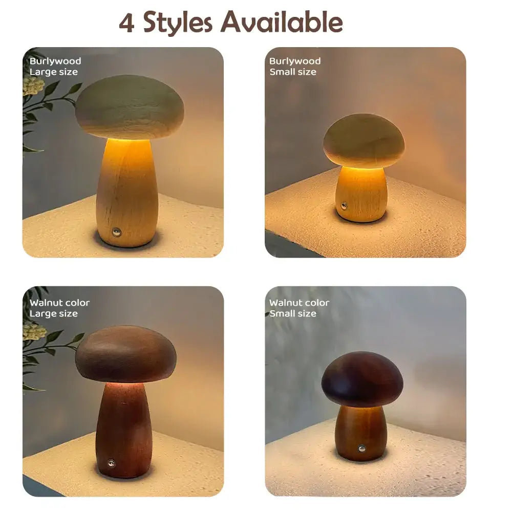 DecorBites INS wooden mushroom night light table lamp in walnut color with warm glowing light and stepless dimming