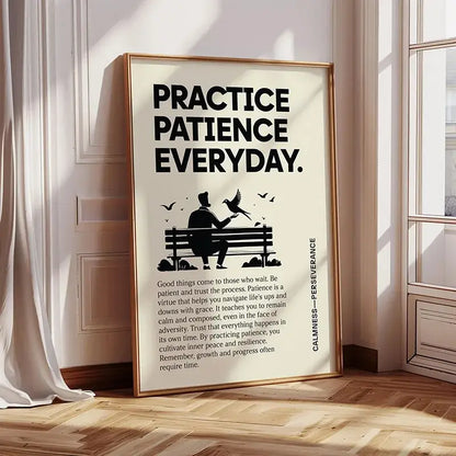 Decorbites™ inspirational quote poster with practice patience everyday text and silhouette feeding birds illustration