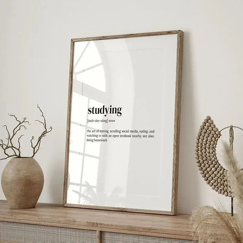 Minimalist decorbites™ inspirational quote poster with bold black studying text in rustic wooden frame for home or office
