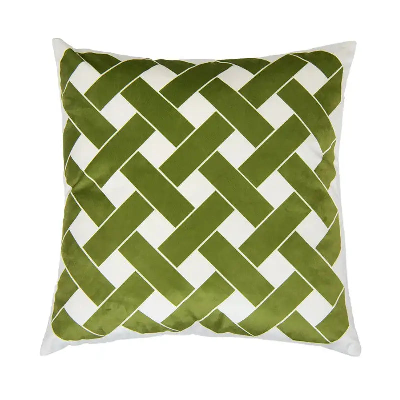 Olive green and white intersecting geometric velvet cushion cover by decorbites for living room decor