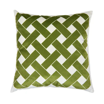 Decorbites intersecting geometric olive green and white velvet cushion cover for living room decor