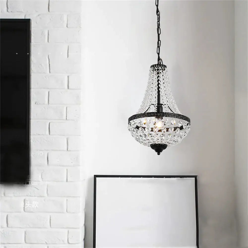 Black metal decorbites iron art crystal chandelier with tiered bell-shaped design and dangling crystal beads for dining room lighting