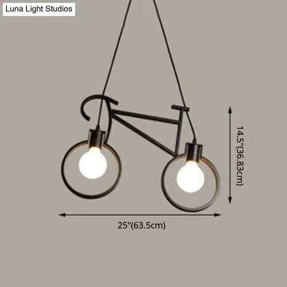 Black metal iron bicycle chandelier with two exposed bulbs and adjustable chain cord length for dining table lighting