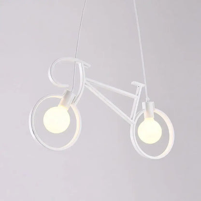 White iron bicycle chandelier pendant light with two glowing bulbs and adjustable chain cord length for dining table