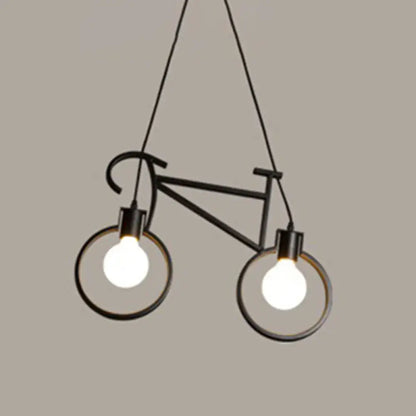 Black metal iron bicycle chandelier with two exposed bulbs and adjustable chain cord length for dining table lighting