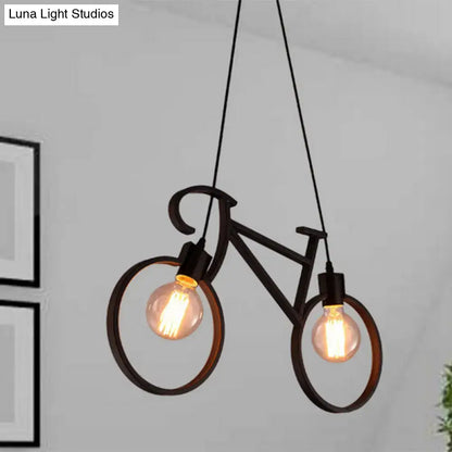 Black metal iron bicycle chandelier pendant light with two exposed filament bulbs and adjustable chain cord length for dining table