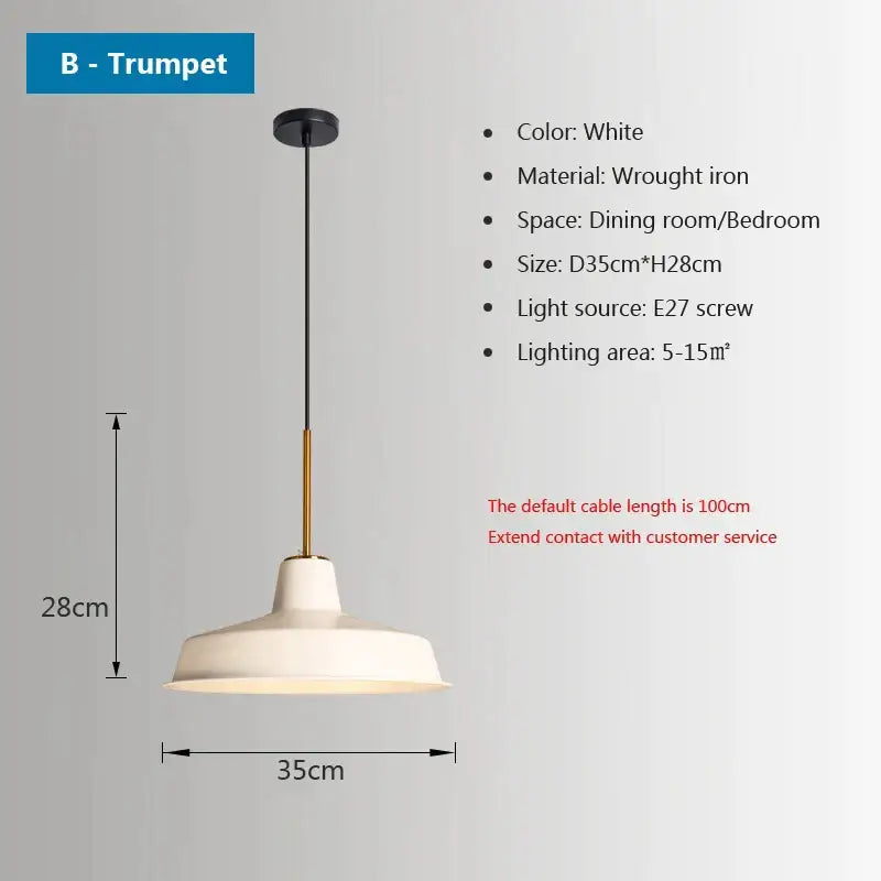 White wrought iron pendant light with trumpet-shaped shade and brass accent rod by decorbites iron industrial