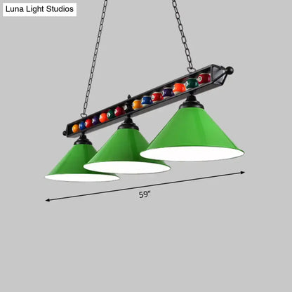 DecorBites iron linear island ceiling light with green conical shade, metal frame, chain suspension, and e26 e27 sockets