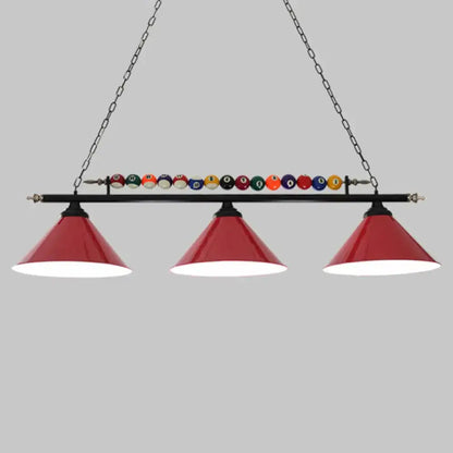 Decorbites™ iron linear island ceiling light with red conical shades, black metal frame, e26 e27 sockets, and billiard ball accents