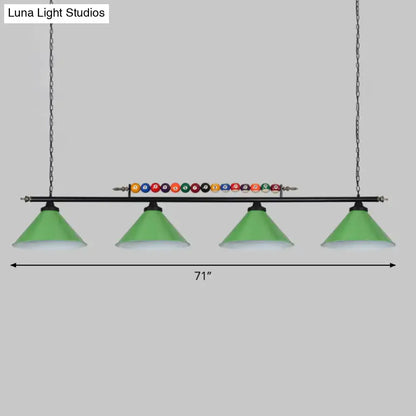 DecorBites iron linear island ceiling light with four green conical shades metal frame and e26 e27 bulbs over billiard table