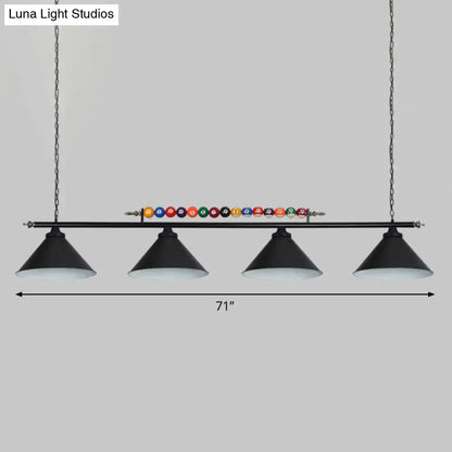 Decorbites™ iron linear ceiling light with black metal frame, four cone shades, and colorful billiard balls, e26 e27 compatible