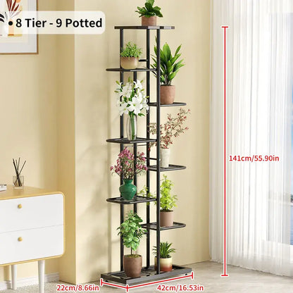 Black metal iron plant stand by decorbites with eight tiers for multiple pots featuring plant shelves iron design