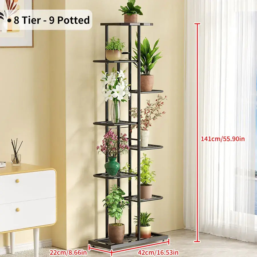 Black metal iron plant stand by decorbites with eight tiers for multiple pots featuring plant shelves iron design