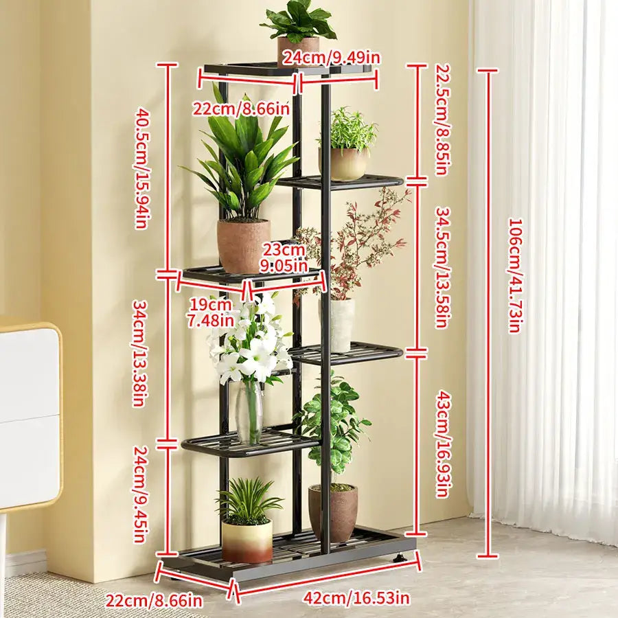 Black metal five-tier iron plant stand with adjustable shelves and caster wheels for multiple pots by decorbites